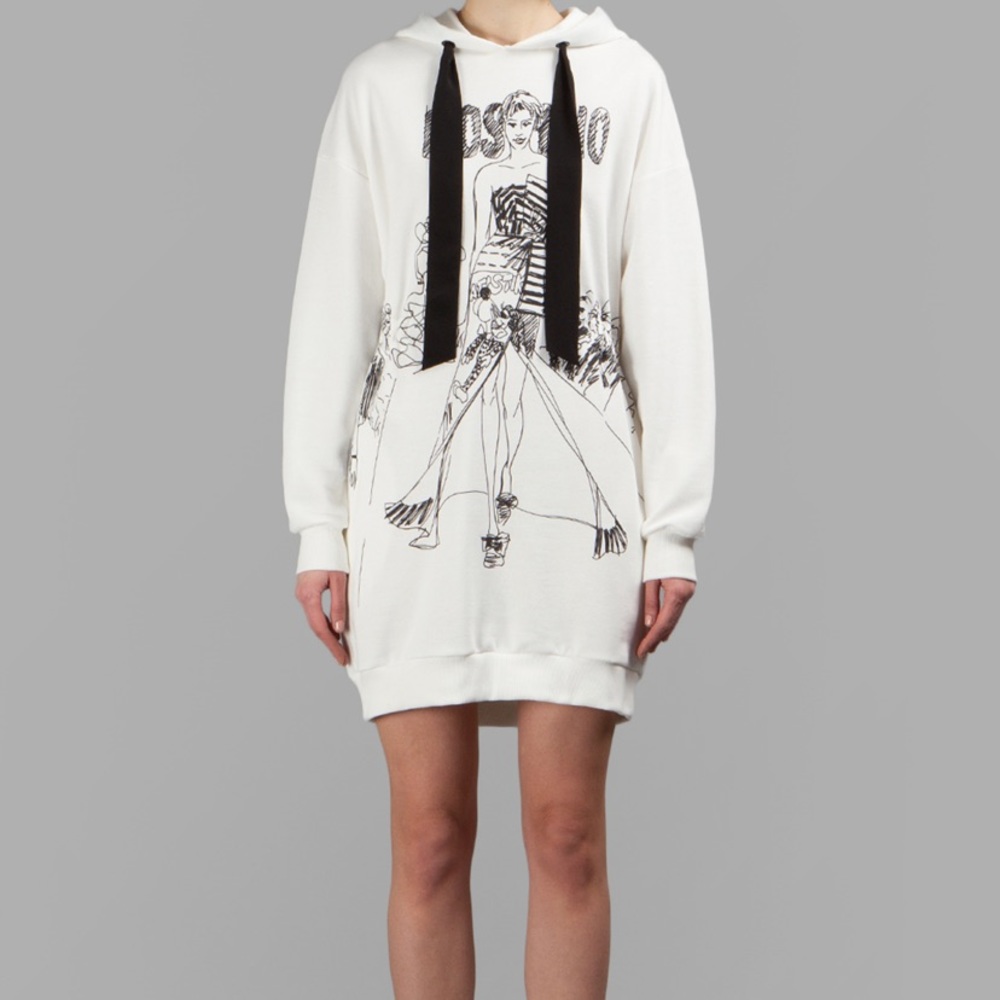 Moschino White Graphic Long Sleeve Hoodie Dress (missing the Black Drawstrings)